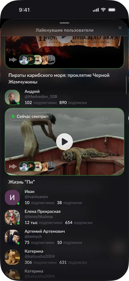 Список пользователей, оценивших видео, и метка «Сейчас смотрит»